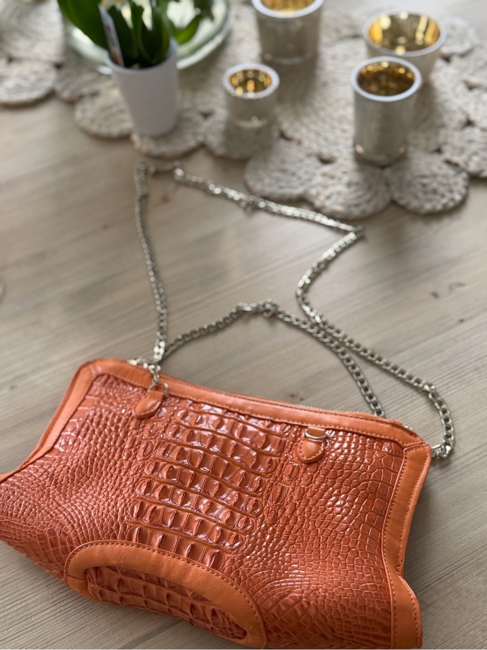Orange Croc-Embossed Chain Crossbody Bag - Women